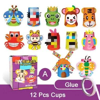 12 pièces enfants 3D bricolage gobelets en papier faits à la main autocollant matériel kit ensemble complet
