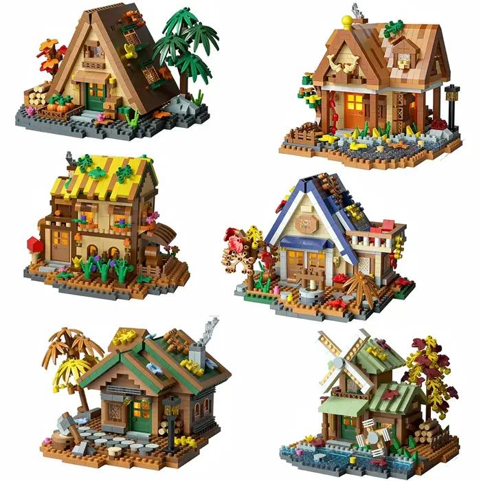 Ensemble de blocs de construction en bois - Modèle miniature de cabane forestière