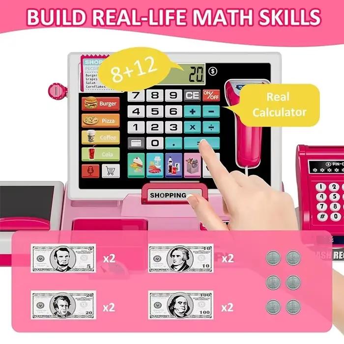 Ensemble de jeu de caisse enregistreuse d'achat avec calculatrice réelle