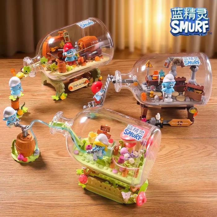 Blocs de construction Les Smurfs Bouteille à la flotte Jardin de culture de champignons Aventure de la ruée vers l'or Maison de boissons aux fruits Jouets éducatifs DIY cadeaux pour adultes et enfants fantaisie et imagination
