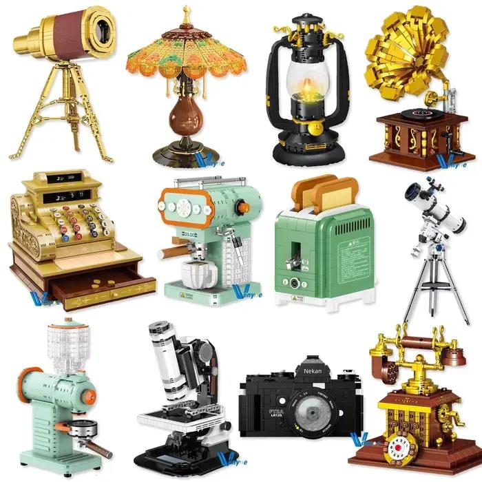 ZHEGAO Mini caisse enregistreuse rétro modèle phonographe lampe de bureau blocs de construction Microscope caméra assemblé brique jouets pour cadeau