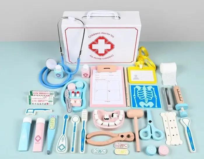 Jeu de simulation de docteur en bois avec stéthoscope et seringue, jouet éducatif interactif pour jeu de rôle