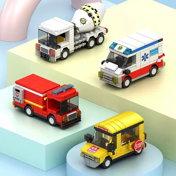 Bloc de construction de petites particules, modèle de véhicule urbain, bus scolaire, camion de pompi