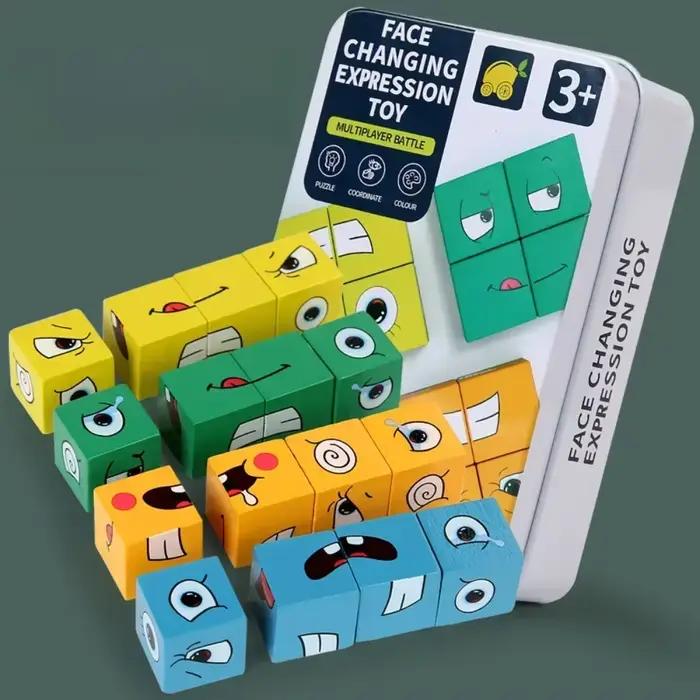 Cube visage changeant bois Puzzle blocs de construction jeu de société Montessori Expression