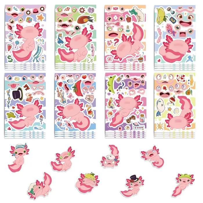 8/16/24 pièces Axolotl Puzzle autocollants faciles à poser pour fête d'anniversaire décor bagages vélo Scooter guitare Scrapbook bouteille d'eau décalcomanie