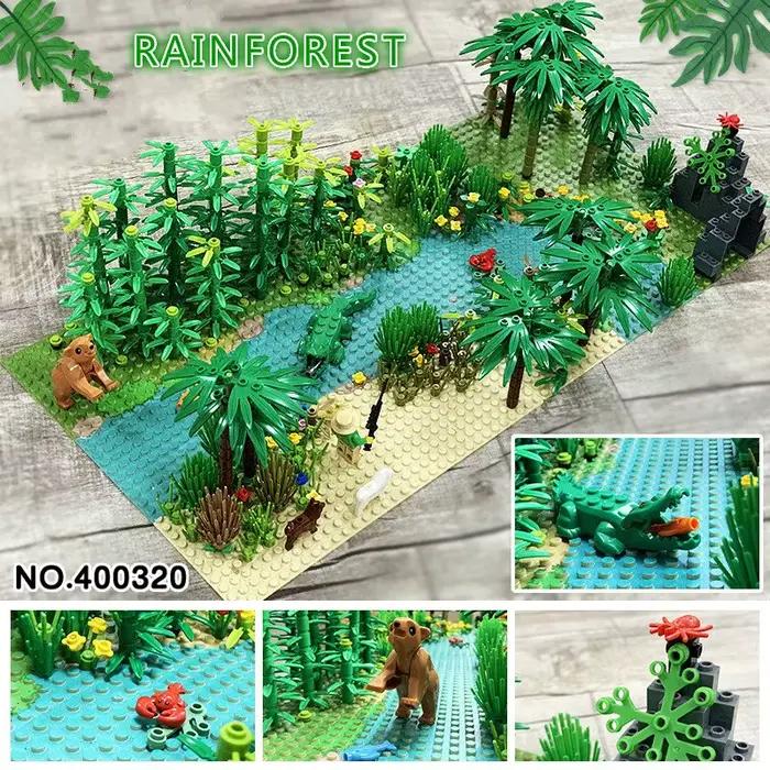 Plaques de Base forêt tropicale herbe verte jungle buisson fleur arbre plantes blocs de construction Animal dinsaus MOC enfants jouet cadeau