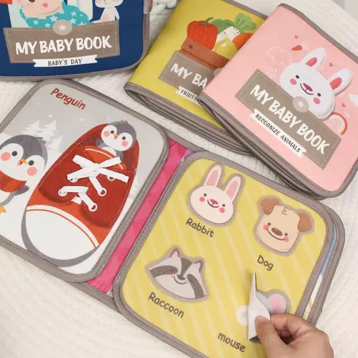 Livre d'éducation précoce en tissu tridimensionnel avec animaux, fruits et légumes pour enfants 3-6 ans, jouet sensoriel durable et interactif pour le développement intellectuel et moteur