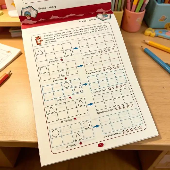 Cahier d'exercices de jeux de puzzles variés de 32 pages pour enfants, entraînement à l'attention visuelle, exercices de recherche et de concentration cérébrale