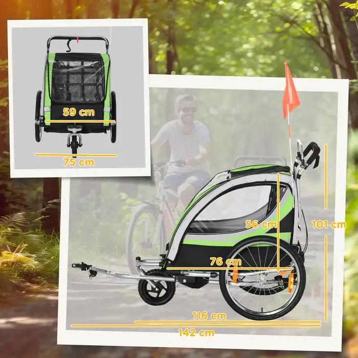 Remorque et poussette 2-en-1 HOMCOM pour enfants avec frein, ceinture 5 points, remorque de vélo avec poches latérales pour une sécurité maximale et des aventures en famille