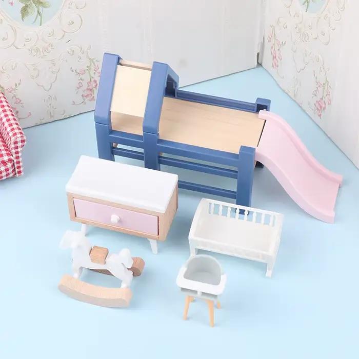 1/12 maison de poupée bébé chambre meubles accessoires toboggan/Cheval de Troie/Table/chaise de salle à manger/lit pour enfants semblant jouer jouet