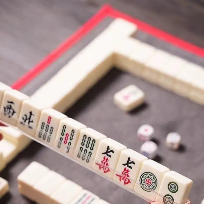 Ensembles de Mahjong, jeu de société avec grand sac de rangement, jeu de Table Portable avec 144 carreaux de Mahjong en résine mélamine pour les loisirs en famille