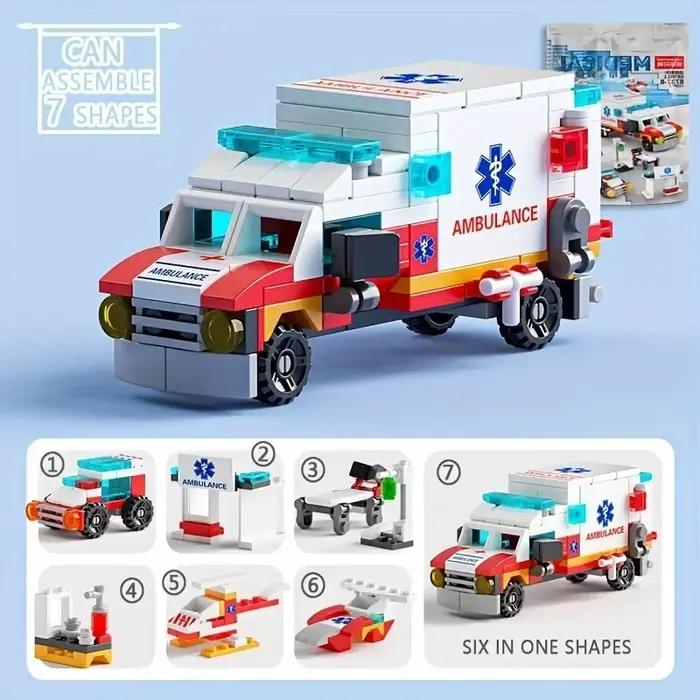 Blocs de construction Mini taille 6 en 1, bricolage, voiture de Police, camion de pompier, château,