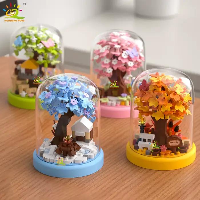 HUIQIBAO MOC Mini maison dans les arbres quatre saisons avec boîte d'affichage modèle Micro bloc de construction diamant
