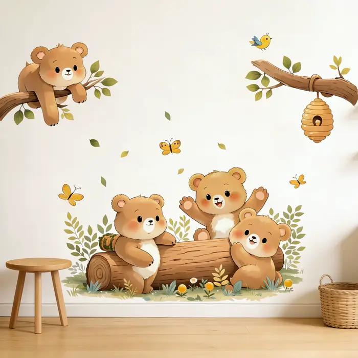Autocollants muraux autocollants à motif de forêt et d'ours coquins pour porte coulissante, décoratifs pour chambre d'enfant