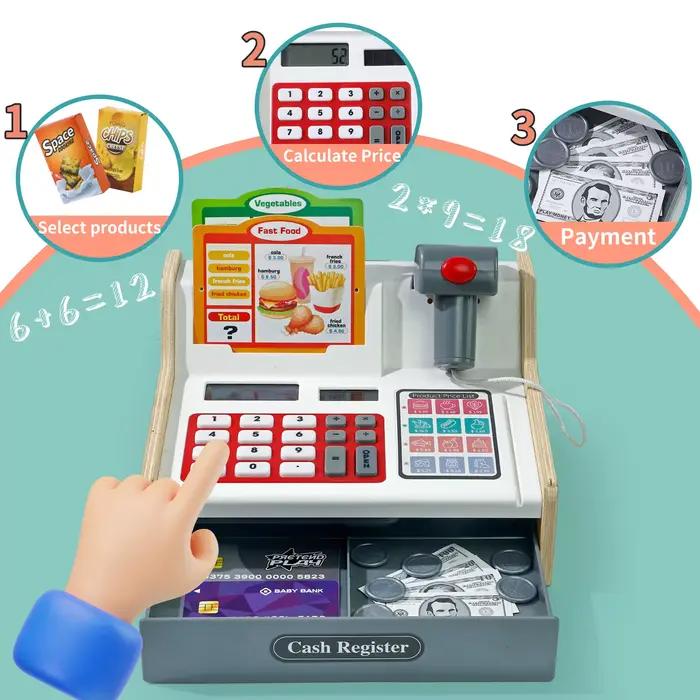 Caisse enregistreuse en bois pour jeu de simulation : véritable calculatrice incluse