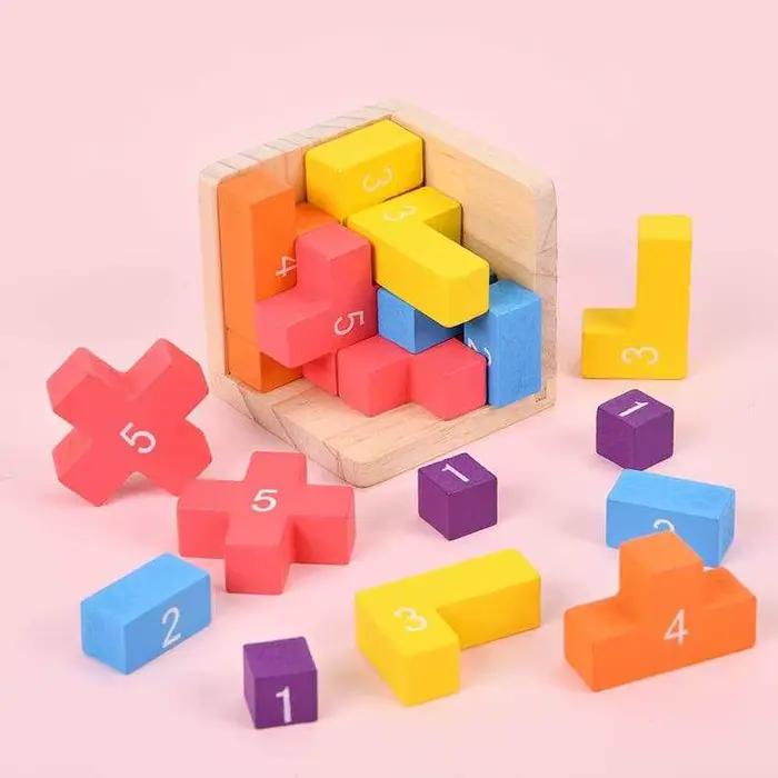 Blocs colorés casse-tête en bois Puzzle Cube logique jeux stimulants pour enfants garçons filles adultes test de QI jouets éducatifs occasions spéciales cadeaux de Noël