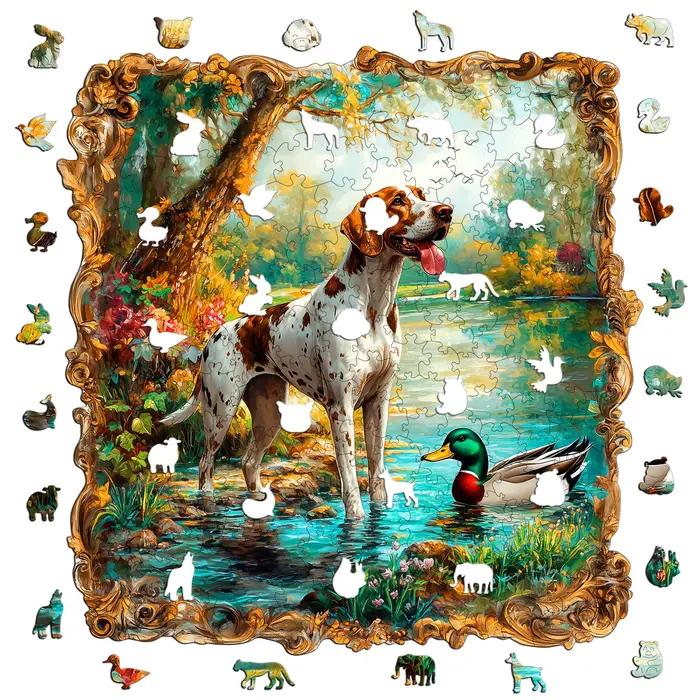 Puzzle en bois sur le thème de l'ours brun et du chien de chasse