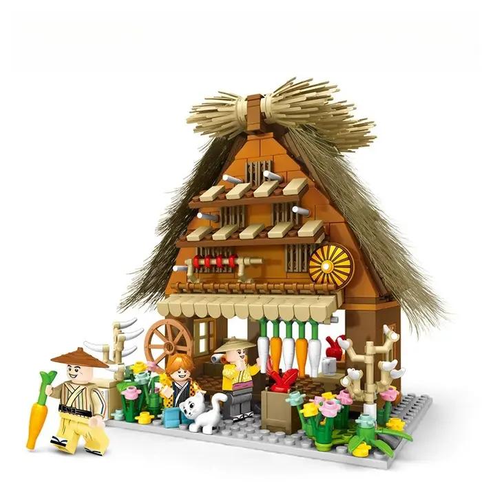 Modèle de construction bloc japonais village miniature restaurant sushi maison de thé en plastique ABS blanc bois vert noir pour adultes