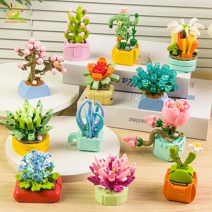 HUIQIBAO MOC fleur succulente en pot modèle bloc de construction bricolage Bouquet éternel maison bu