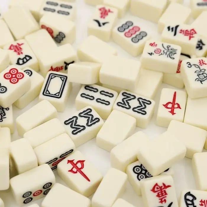 Ensembles de Mahjong, jeu de société avec grand sac de rangement, jeu de Table Portable avec 144 carreaux de Mahjong en résine mélamine pour les loisirs en famille