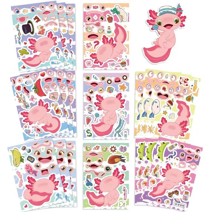 8/16/24 pièces Axolotl Puzzle autocollants faciles à poser pour fête d'anniversaire décor bagages vélo Scooter guitare Scrapbook bouteille d'eau décalcomanie