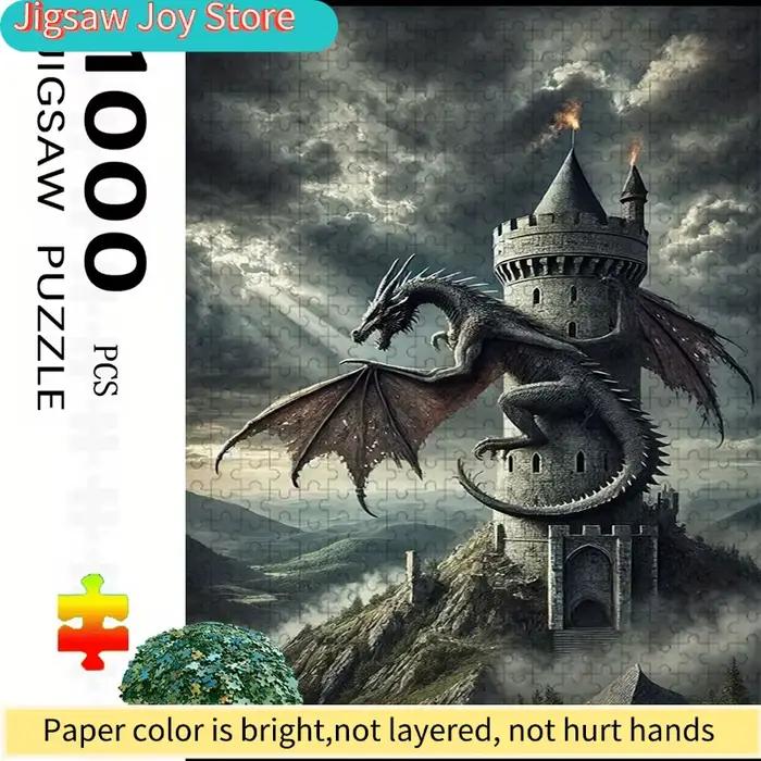 Un puzzle avec un château de dragon sur le thème médiéval, comprenant un dragon et une tour. Ce puzz