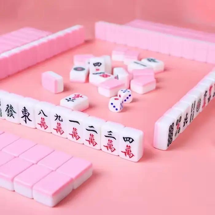 Ensembles de Mahjong, jeu de société avec grand sac de rangement, jeu de Table Portable avec 144 carreaux de Mahjong en résine mélamine pour les loisirs en famille