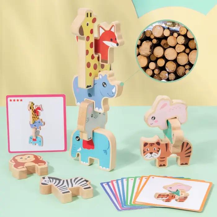 Jeu de blocs à empiler en bois avec animaux de la forêt puzzle d'association de formes jouet d'équilibre éducatif pour enfants 3-6 ans occasions spéciales