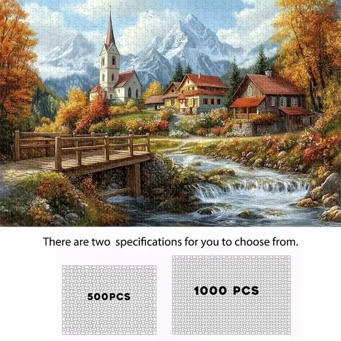 Puzzle Montagne Forêt 500/1000 pièces adapté aux enfants et aux familles - Paysage stimulant avec cabanes, ruisseaux et montagnes enneigées
