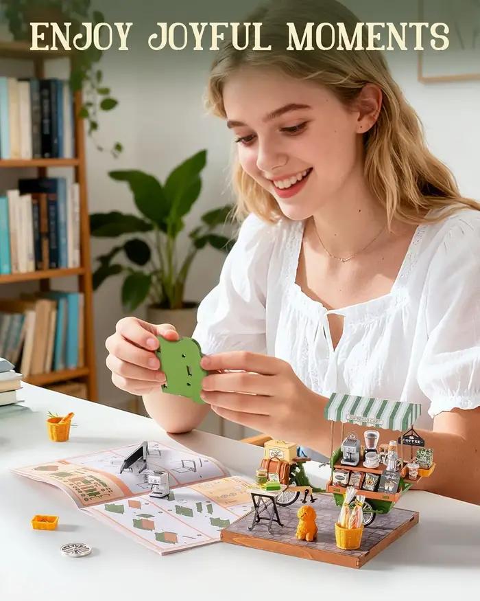 Kit de construction de maison miniature Rolife Tiny House Dollhouse Coffee Cart, modèle de diorama, puzzle 3D en bois pour adultes, cadeaux uniques