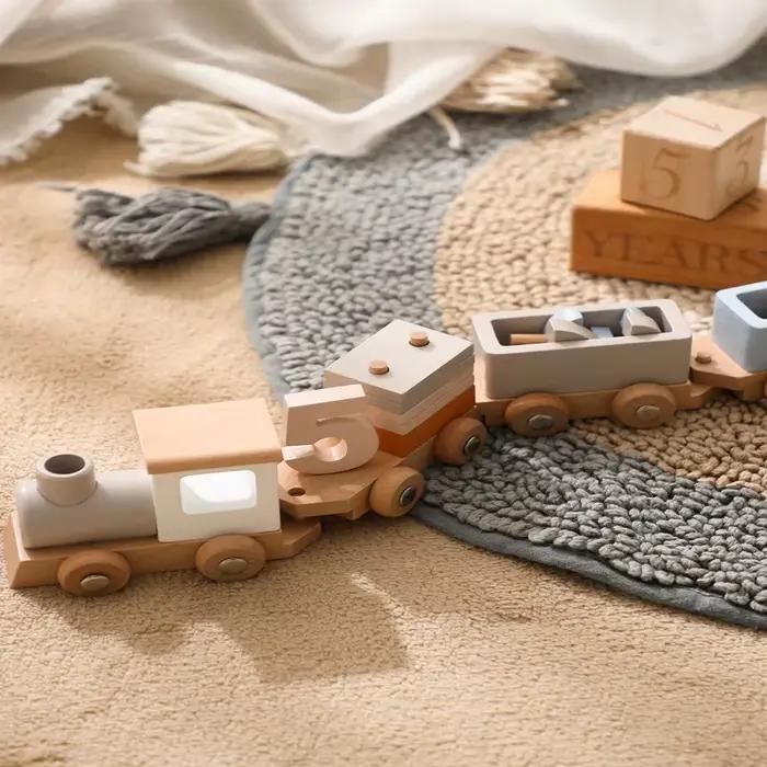 Train en bois jouet d'anniversaire jouets Montessori jouets éducatifs pour bébé chariot en bois joue