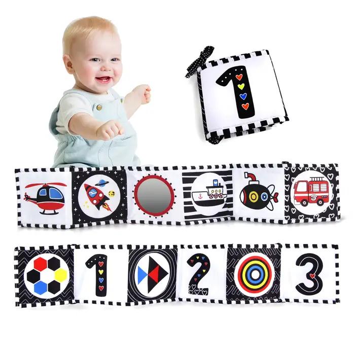 Livre en tissu sensoriel à contraste élevé pour bébés 0M+, jouets de berceau pour nouveau-nés, livre