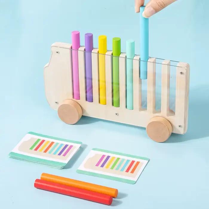 Jeu de tri des couleurs en bois autobus et chariot mobile avec cartes interactives pour apprentissage de la couleur chez les enfants 13-24 mois 25-36 mois 4-6 ans