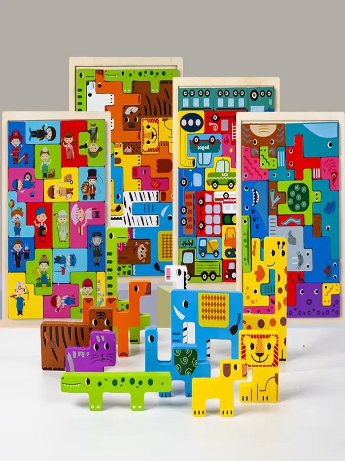 Puzzle en bois de transport de personnages animaux Montessori, blocs russes, animaux mignons, jouets