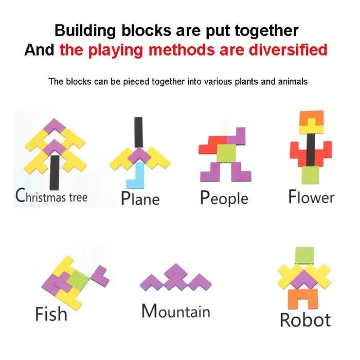 Ensemble de blocs de puzzle en bois, casse-tête, jouet Tangram, intelligence, blocs russes 3D coloré