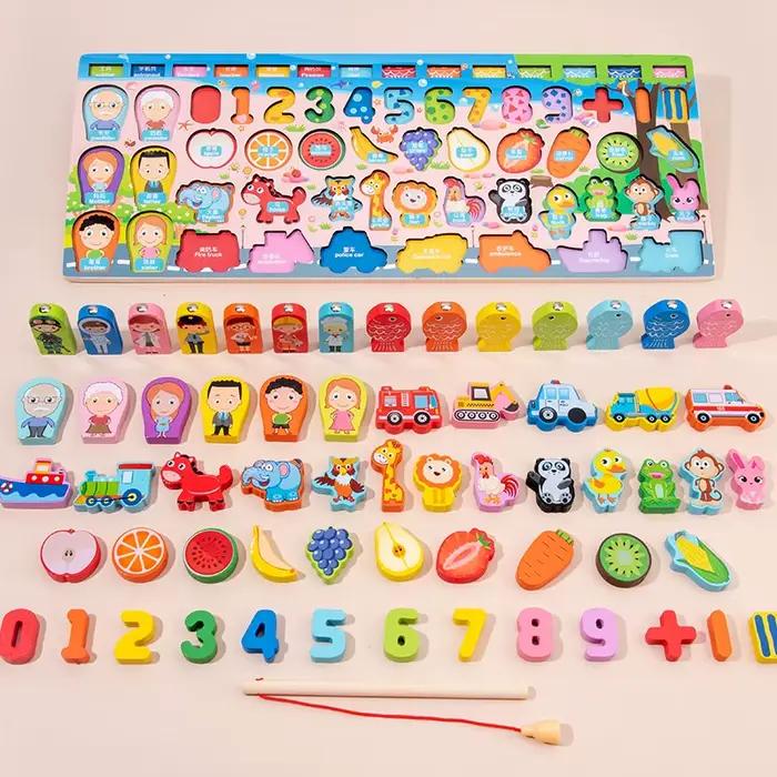 Jouets éducatifs 3D pour enfants d'âge préscolaire, en bois, Montessori, arithmétique, pêche magnéti