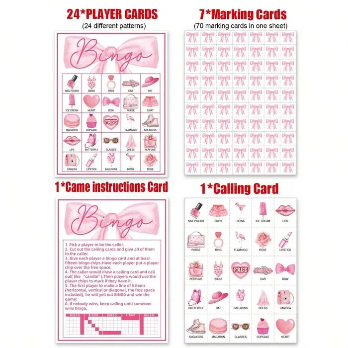Cartes de jeu de bingo pour fête d'anniversaire avec nœud rose, jeux d'anniversaire rose vif pour 24 joueurs, jeu de cartes de bingo pour fournitures de fête