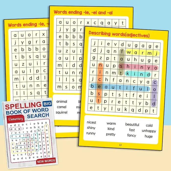 Livre d'orthographe pour enfants, 32 pages, jeu d'orthographe, livre de chasse au trésor, recherche de mots cachés