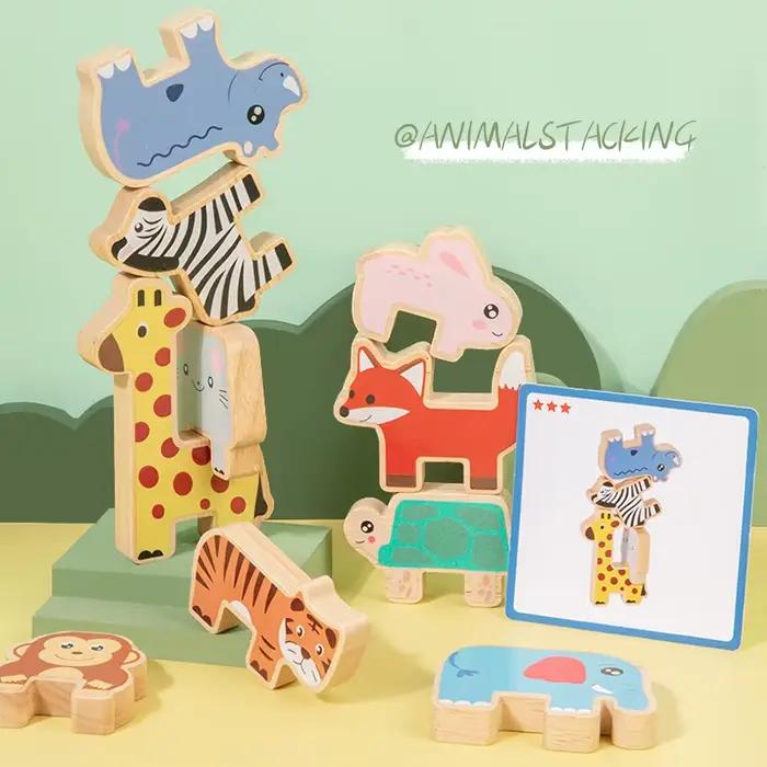 Jeu de blocs à empiler en bois avec animaux de la forêt puzzle d'association de formes jouet d'équilibre éducatif pour enfants 3-6 ans occasions spéciales