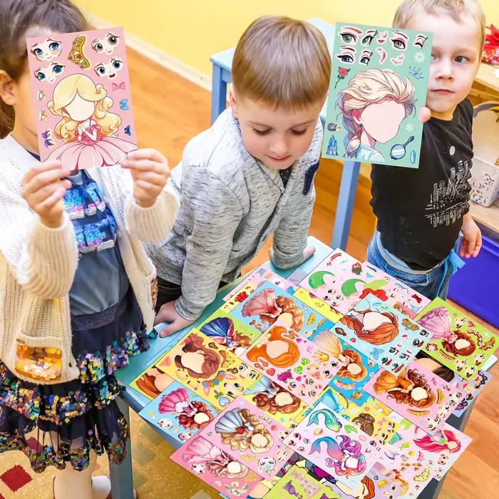 Autocollants de puzzle de bricolage pour enfants, 6 princesses sirène, faire un visage drôle, assemb