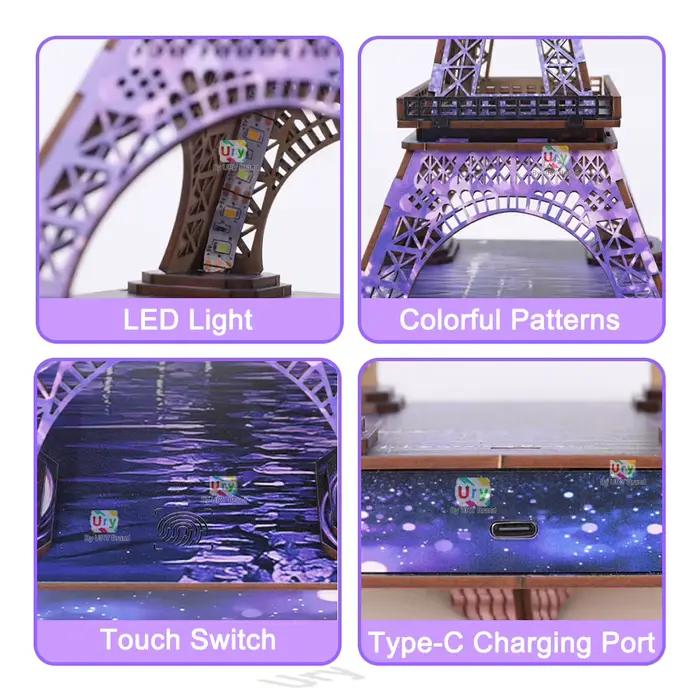 Puzzle 3D en bois Ury, Tour Eiffel de Paris colorée avec lumière, célèbres monuments classiques européens, modèle d'architecture mondiale, jouets DIY