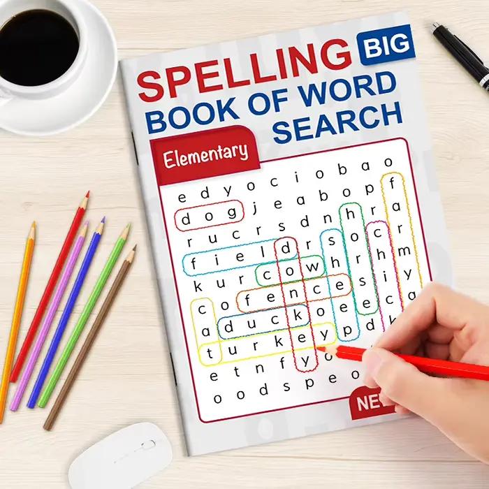 Grand livre de jeux de mots à chercher pour l'orthographe élémentaire, puzzle amusant pour trouver des mots pour les enfants, jeux de grilles de lettres cachées avec de nouveaux mots importants