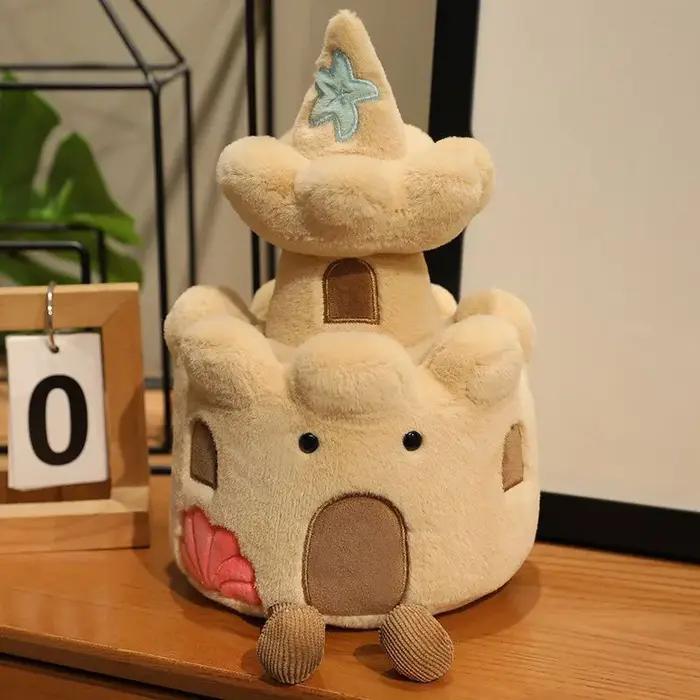 Jouet en peluche château de sable mignon, poupée en peluche douce en forme de château de dessin animé, peluche maison de plage Kawaii pour cadeau d'anniversaire, décoration intérieure créative